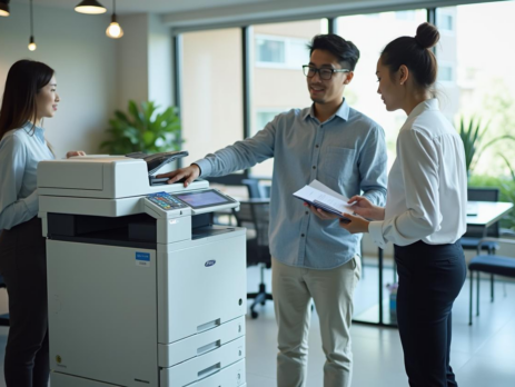 Para karyawan perusahaan menggunakan mesin fotocopy untuk bekerja