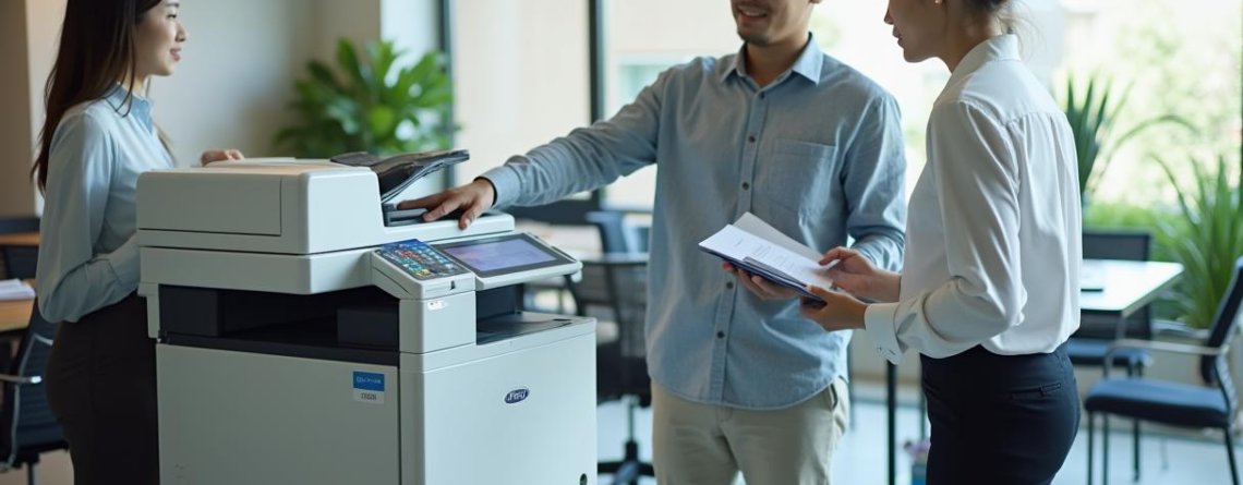 Para karyawan perusahaan menggunakan mesin fotocopy untuk bekerja