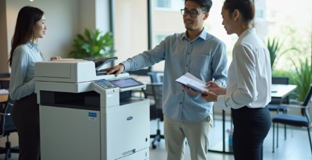 Para karyawan perusahaan menggunakan mesin fotocopy untuk bekerja