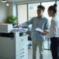 Para karyawan perusahaan menggunakan mesin fotocopy untuk bekerja